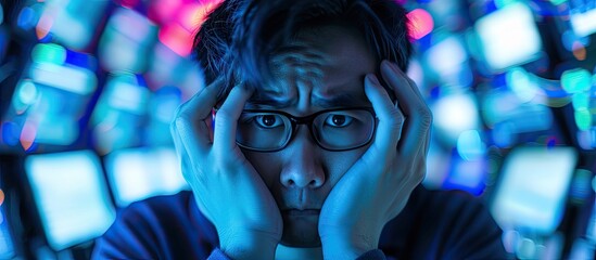 An Asian networking developer, frustrated and stressed, covering his face with his hands. He is unable to create a database security protocol, struggling to bypass a firewall and restore file