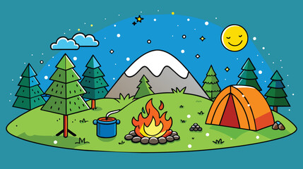 Sunny Day Camping Illustration With Tent and Campfire
