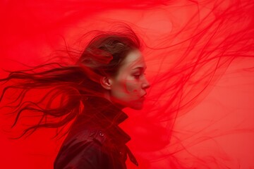 portrait of a woman dark hair blowing in the wind and red smoke around her
