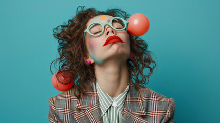 portrait of a woman with a clown nose. For 1 April Fools Day, office, corporate, presentation, poster, flyer. Fun day concept. with copy space for text. Bright blue flat background - obrazy, fototapety, plakaty