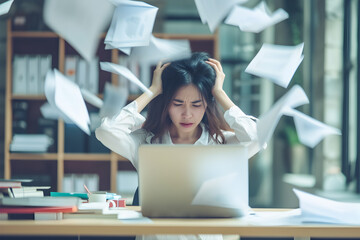 Young Asian woman holding her head and scattering papers on her desk. Concept of deadlines, overwork and burnout. - obrazy, fototapety, plakaty