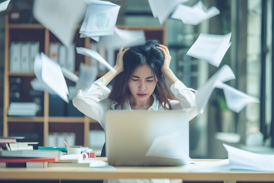 Young Asian woman holding her head and scattering papers on her desk. Concept of deadlines, overwork and burnout.