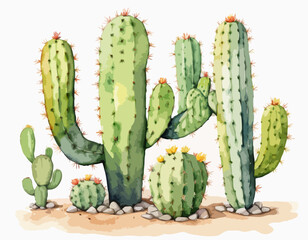 Cactus watercolor illustration, plants of desert isolated