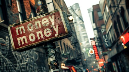 Grungy "Money" Street Sign in Urban Alley. Weathered and gritty "money" street sign with urban alley background, reflecting a raw and edgy city atmosphere.