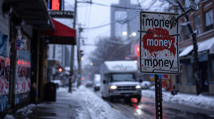 Grungy "Money" Street Sign in Urban Alley. Weathered and gritty "money" street sign with urban alley background, reflecting a raw and edgy city atmosphere.