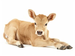 Fototapeta premium Adorable Golden Calf Portrait. A cute and curious golden calf looking directly at the camera, isolated on a white background.