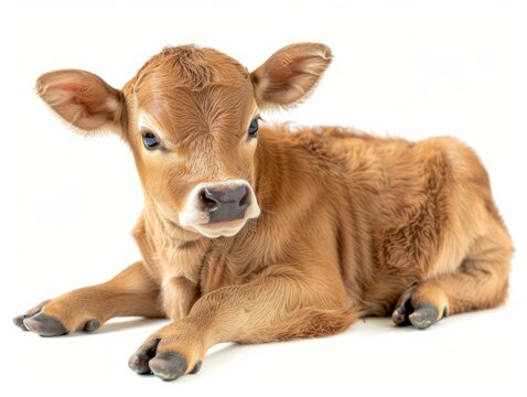 Adorable Golden Calf Portrait. A cute and curious golden calf looking directly at the camera, isolated on a white background.