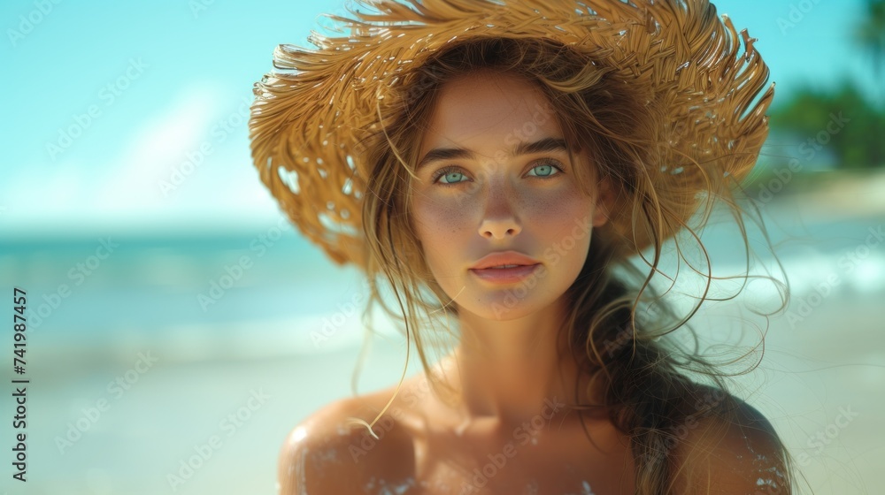 Wall mural Portrait of beautiful young girl in straw hat smiling on the beach.