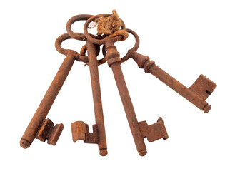 Rusty old keys. Four old keys tied with string. Vintage bunch of keys isolated