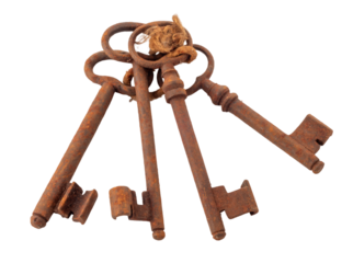 Rusty old keys. Four old keys tied with string. Vintage bunch of keys isolated