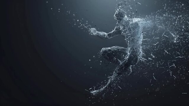 Illustration of a human being formed from grains dissipating energy power, upward ball kick pose; is perfect for background projects; sports, fitness, energy, 4k virtual video animation.