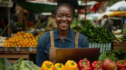 Portrait of a Black Female Running a Street Vendor Food Stand with Fresh Organic Agricultural Products. Farmer Using Laptop Computer to Manage Business Operations