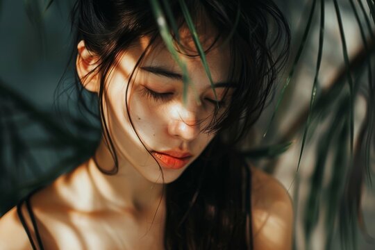 A captivating portrait of a woman lost in thought, her eyes closed as delicate eyelashes brush against her smooth skin, framed by long hair and a gentle lip, creating a striking image of feminine bea