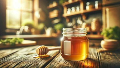a jar of honey in the kitchen - obrazy, fototapety, plakaty