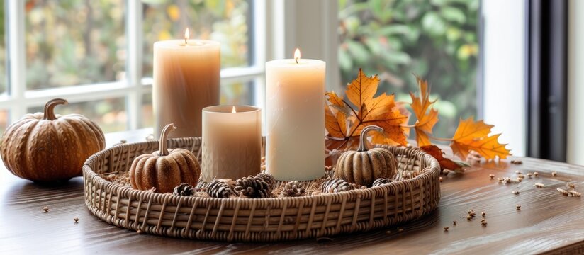 A wicker basket sits by a window, filled with candles casting a warm glow. The autumn-themed decor includes pumpkins, leaves, and forest-inspired accents.
