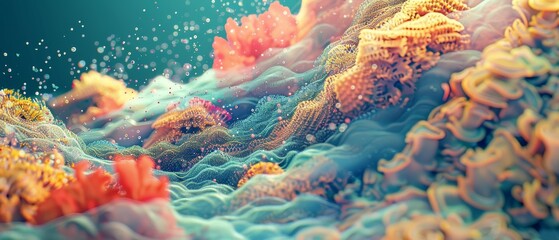 Vibrant Coral Ecosystem Art. Background Panorama. Digital art of a lively coral reef with a dynamic array of colors and textures.