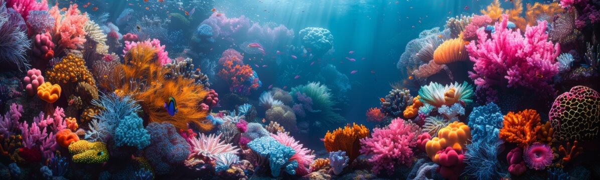 Vibrant Coral Reef Panorama. Colorful coral reef teeming with marine life in a panoramic view.