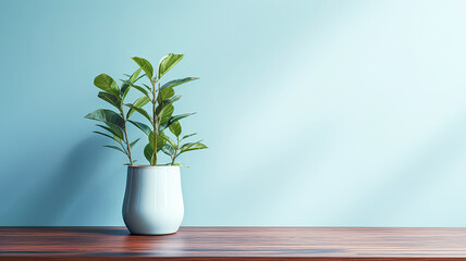 Dark brown wooden table, pastel blue wall, illuminated scene, light blue vase, green plant.