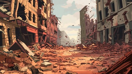 A digital illustration depicting a city in ruins in a two-dimensional format