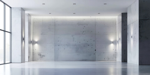 Interior design embraces minimalist aesthetics with concrete walls and expansive, naturally lit space. Office background