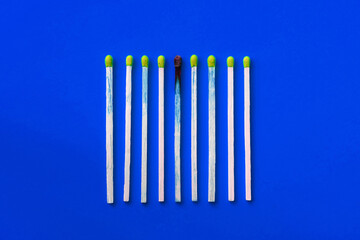 Success, defeat, achievement. The concept of happiness. Matches on a yellow background. Burnt dark match among normal matches. Burning match fire to its neighbors, a metaphor for ideas and inspiration