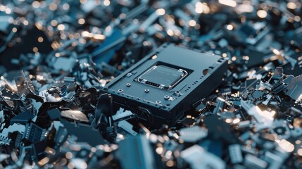 A hard drive placed atop a stack of shredded hard drives