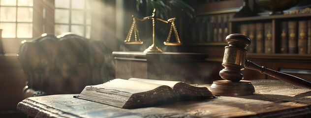 The judge's gavel lies on an old book on a table in a room with wooden walls and a window.