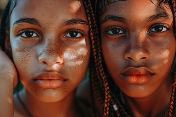  young women with close-cropped features, looking directly at the camera. Both women have long, thin eyebrows, large expressive eyes, and full lips.  - obrazy, fototapety, plakaty