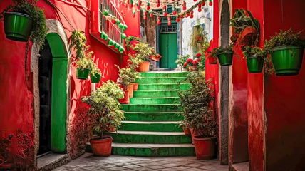 Foto op Plexiglas Arab enclave, vibrant red, dark green, Muslim arches, hanging decorations, cultural richness. © Rafael Alejandro