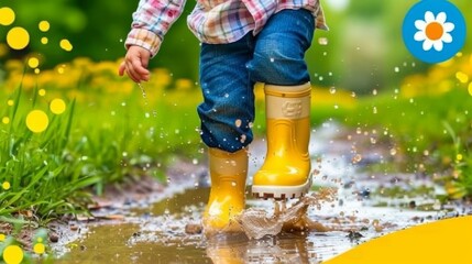 Happy child jumping in rain boots into a puddle splashing water joyfully on a rainy day - obrazy, fototapety, plakaty