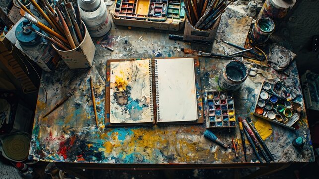 An artist's workspace is a vibrant mess, with paintbrushes, open paint jars, and a color-splattered palette and sketchbook. Resplendent.