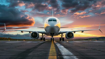 Sunset Takeoff: Majestic Airplane Ready on Runway. Commercial airplane positioned on the runway against a stunning sunset backdrop, ready for takeoff. - obrazy, fototapety, plakaty