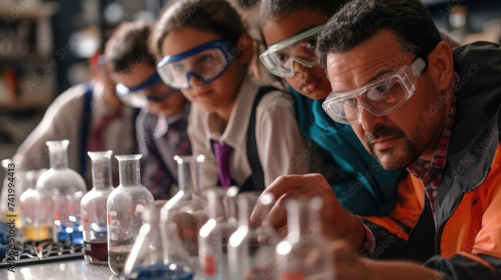 Poster a fun event is taking place in a lab where a group of children are conducting a science experiment, 