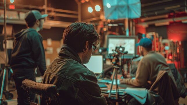 Director Monitoring Film Production. A concentrated male director reviews footage on a monitor amidst the creative chaos of a night film set, showcasing the intense focus required in movi