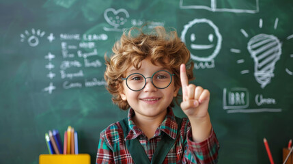 Happy boy at chalkboard pointing up with finger. Back to school concept.