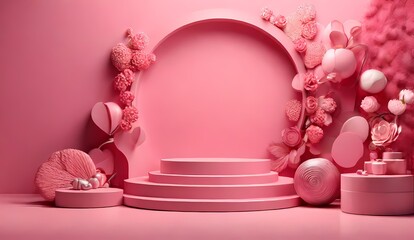 Generative AI  Pink podium display background for product. Symbols of love for Happy Women's, Mother's, Valentine's Day, birthday. IA Generate
 Circle podium on pink scene Geometric background concept