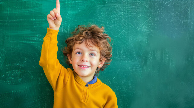 Happy boy at chalkboard pointing up with finger. Back to school concept.