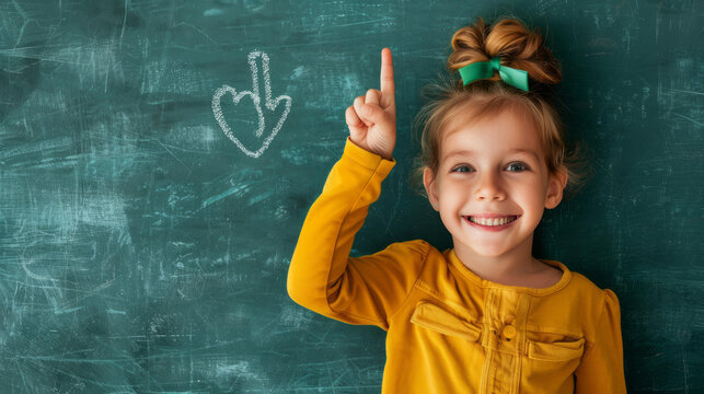Happy girl at chalkboard pointing up with finger. Back to school concept.