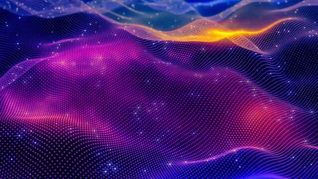 3d wavy particle big data landscape with flashing light points and colorful dots. Blue violet yellow technology Copy space and science background animation with energy composition. Network backdrop. 