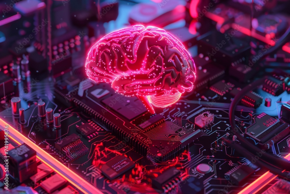 Poster a computer showing a neon brain on a circuit board generative ai