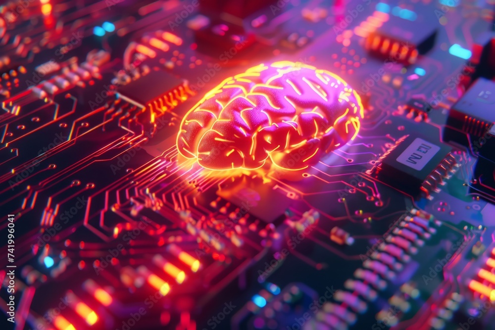 Poster artificial intelligence with brain and circuit symbol generative ai