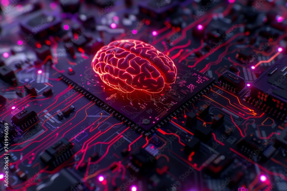 Aufkleber a computer circuit with a red brain on it generative ai