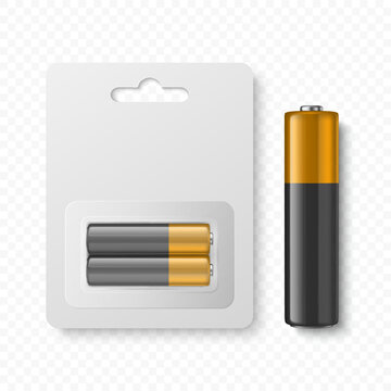 Vector 3D Realistic Alkaline Battery Set in Paper Blister Closeup Isolated. AA Size. Design Template for Branding and Mockup. Energy and Technology Concept