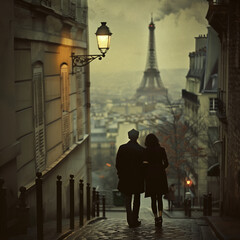 Romantic Couple Enjoying Parisian Sunset with Eiffel Tower View