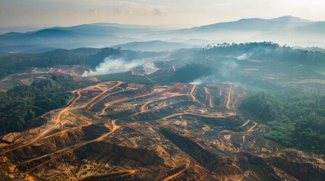 An aerial image depicting deforestation, showcasing the devastation of the rainforest jungle in Borneo, Malaysia, cleared to facilitate the establishment of oil palm plantations