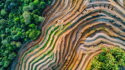 An aerial image depicting deforestation, showcasing the devastation of the rainforest jungle in Borneo, Malaysia, cleared to facilitate the establishment of oil palm plantations - obrazy, fototapety, plakaty