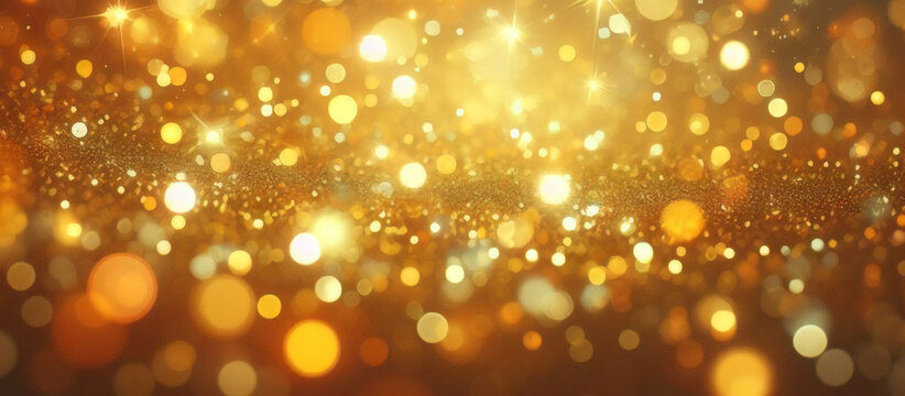 Abstrakter, luxuri&ouml;ser, wirbelnder Goldhintergrund mit Goldpartikeln. Weihnachtsgoldene Lichtglanzpartikel Bokeh auf dunklem Hintergrund. Goldfolientextur. Urlaubskonzept.