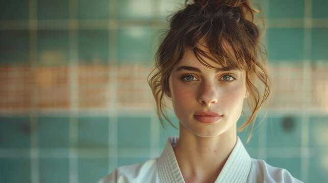 One woman female bjj brazilian jiu jitsu athlete in kimono gi portrait