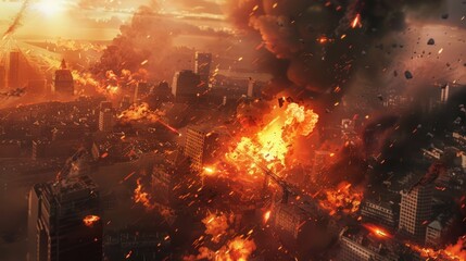 Elaborate destruction of a fictional city including fires, explosions, sinkholes, and a train derailment. Reflective of war, natural disasters fire, nuclear accidents, terrorism, or meteorite impact - obrazy, fototapety, plakaty