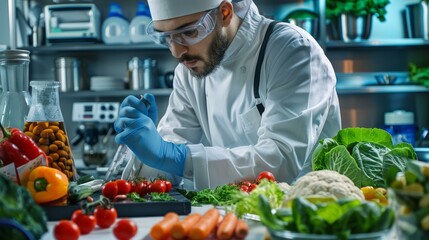 Fototapeta premium Food Science Lab: Culinary student conducting experiments, testing recipes, and analyzing food in a lab, focusing on food chemistry, microbiology, and nutrition.